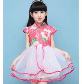 Yellow fuchsia printed floral girls kids children vintage flower girls modern dance school play jazz dance outfit dresses